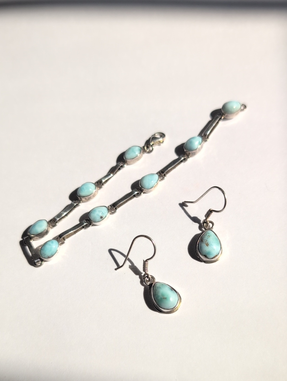 Sterling Silver Larimar Teardrop Earrings & Link Bracelet Set